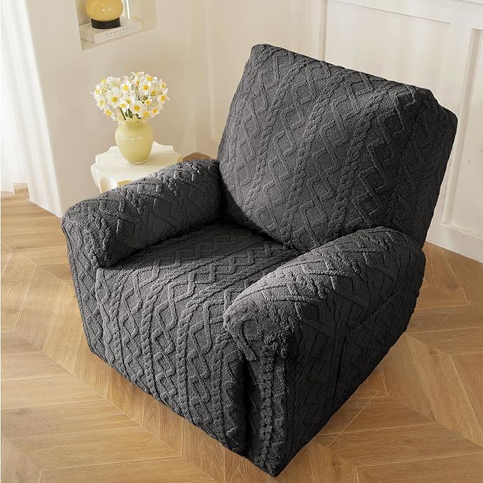 vctops 4 Pieces Geometric Jacquard Plush Recliner Slipcovers Soft Fuzzy Fluffy Sofa Couch Cover Anti-Slip Furniture Protector with Elastic Bottom for Kids Cats Dogs(Dark Grey,1 Seat)