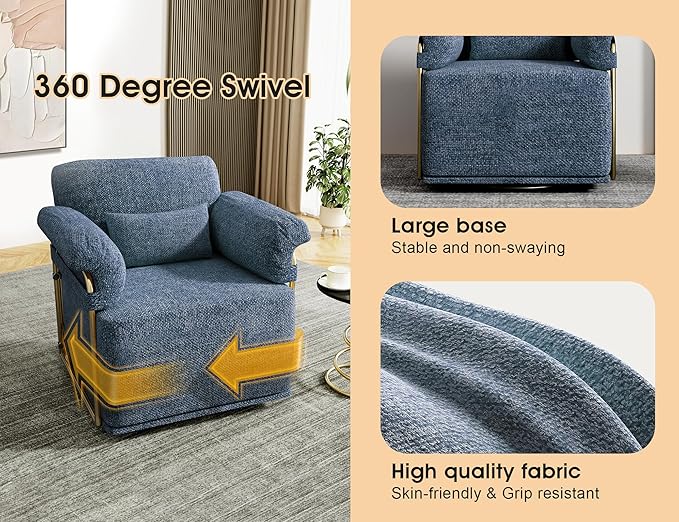 KEIKI Modern Comfy Swivel Accent Reading Chair with Waist Pillows, 360°Square Upholstered Barrel Armchair Single Club Lounge Sofa Chairs for Living Room,Bedroom,Office,Blue