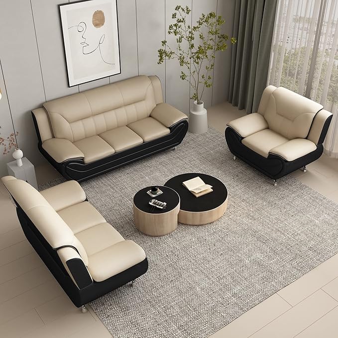 Container Furniture Direct Michael Modern Faux Leather Upholstered Stainless Steel Legs Living Room Sofa, Camel/Black
