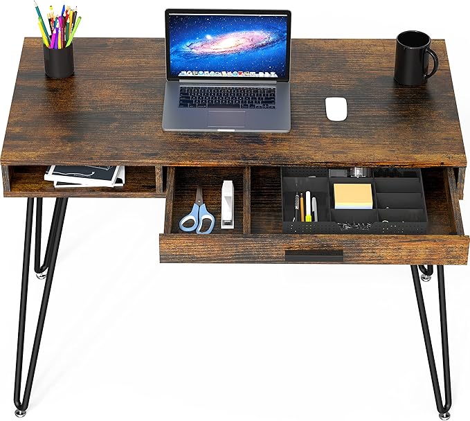 SHW Home Office Computer Hairpin Leg Desk with Drawer, Rustic Brown
