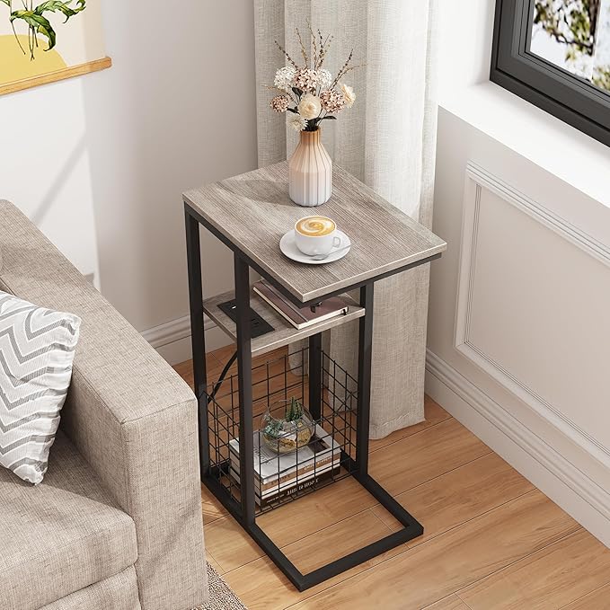 Vagusicc C Shaped End Table with Charging Station, Side Table for Couch, Small Side End Table for Small Spaces, 28" High Slide Under Sofa Table for Coffee, Tv Tray Table for Living Room, Greige