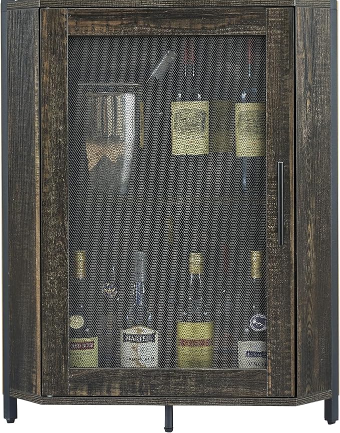 GarveeHome Corner Wine Bar Rack Cabinet with Detachable Wine Rack, Home Bar Cabinet with Barn Door and Adjustable Shelf, Wine Bar Cabinet and Buffet Cabinet with Mesh Door, Fire Wood