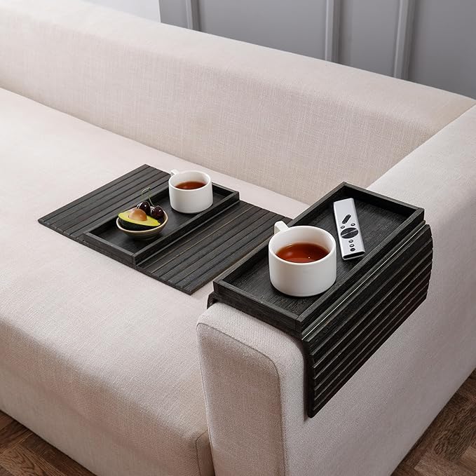 DETOR Couch Arm Tray, TV Tray with Capacious 12.4" x 5.4" Storage Box, Bamboo Grain Stained Black Color, Enhanced Nonslip Felt Bottom, Sturdy Bamboo Slats Material | for Armrests 6" and Wider
