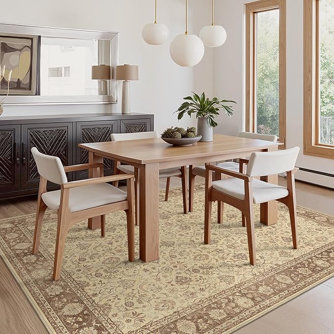 8X10 Area Rugs Machine Washable Rugs for Living Room, Vintage Boho Large Rugs for Bedroom Dining Room, Non Slip Indoor Soft Distressed Lightweight Thin Low Pile Carpet, Light Brown