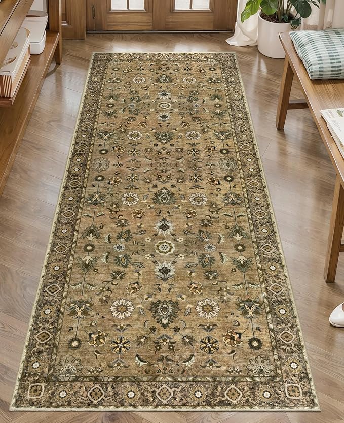Floral Runner Rug 2x5 Washable for Hallway, Non-Slip Vintage Boho for Entryway Indoor, Brown Print Carpet Runner, Soft Low Pile Long Rug for Kitchen Bedroom