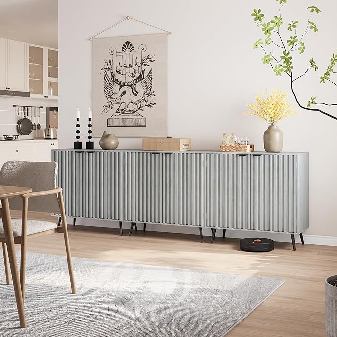 Semiocthome Gray Buffet Cabinet with Storage, Sideboard with Fluted Doors and Metal Legs, Storage Cabinet with Adjustable Shelf, Accent Table for Living Room, Dining Room, Kitchen, Entryway