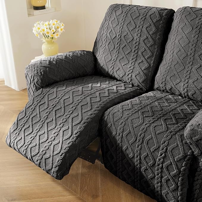 vctops 8 Pieces Geometric Jacquard Plush Recliner Sofa Covers Soft Fuzzy Fluffy 3 Seats Couch Cover Anti-Slip Sofa Slipcover Furniture Protector with Elastic Bottom for Kids Pet(Dark Grey,3 Seat)