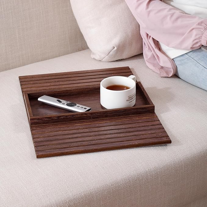 DETOR Couch Arm Tray, TV Tray with Capacious 12.4" x 5.4" Storage Box, Bamboo Grain Stained Brown Color, Enhanced Nonslip Felt Bottom, Sturdy Bamboo Slats Material | for Armrests 6" and Wider