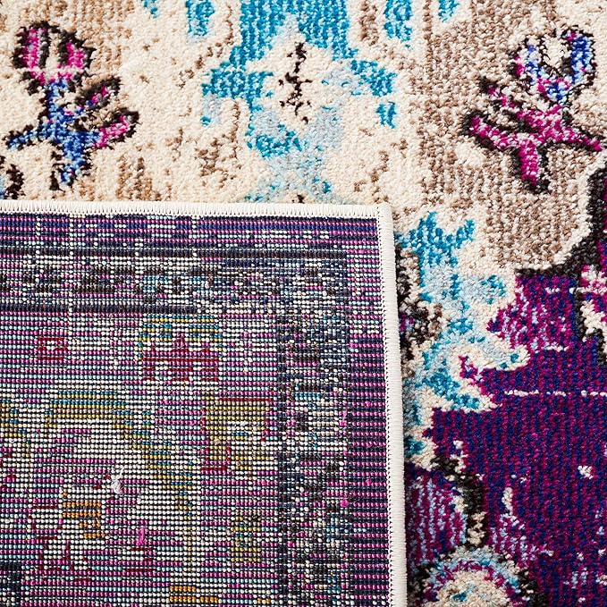 SAFAVIEH Monaco Collection Area Rug - 5' Round, Violet & Light Blue, Boho Chic Medallion Distressed Design, Non-Shedding & Easy Care, Ideal for High Traffic Areas in Living Room, Bedroom (MNC243L)