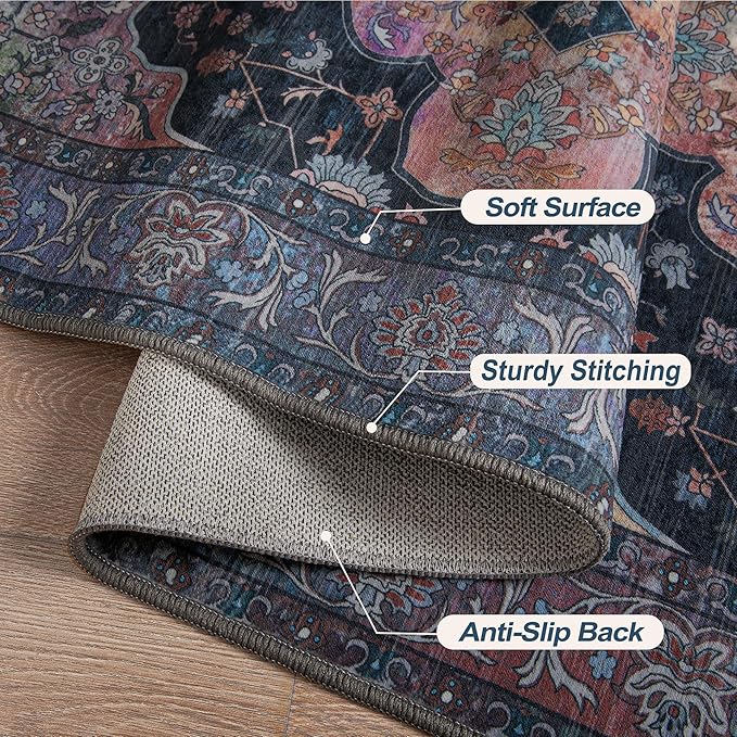 6x9 Area Rug Washable Rug for Living Room, Vintage Rug Indoor Non Slip Large Area Rugs, Print Distressed Brown Carpet, Soft Low Pile Foldable for Dining Room Bedroom Office Navy/Multi