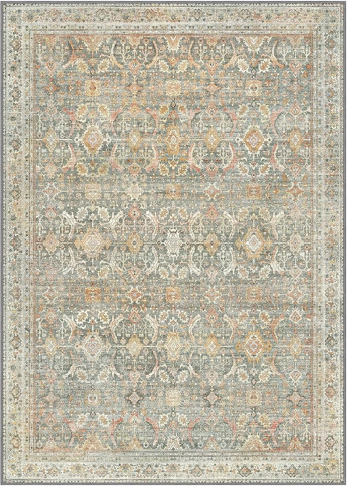 8X10 Area Rugs Machine Washable Rugs for Living Room, Vintage Boho Large Rugs for Bedroom Dining Room, Non Slip Indoor Soft Distressed Lightweight Thin Low Pile Carpet, Turmeric