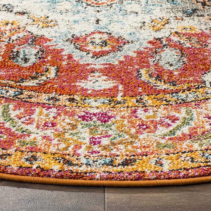 SAFAVIEH Monaco Collection Area Rug - 5' Round, Orange & Light Blue, Boho Chic Medallion Distressed Design, Non-Shedding & Easy Care, Ideal for High Traffic Areas in Living Room, Bedroom (MNC243H)