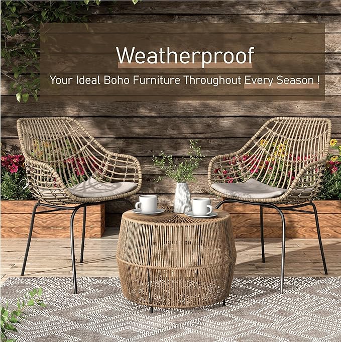 Muse & Lounge Co. Ysar Boho Rattan Round Coffee Table Outdoor with Metal Frame, All-Weather and Rust Resistant, Handcrafted Coastal Furniture for Patio, Poolside, Garden, Yard, Natural Brown