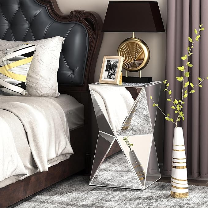 ENENE Mirrored Diamond Setting End Table Glass Decorative Side Table for Living Room Small Spaces Coffee Table Modern Pedestal Accent Table for Bedroom Office Hallway Entryway