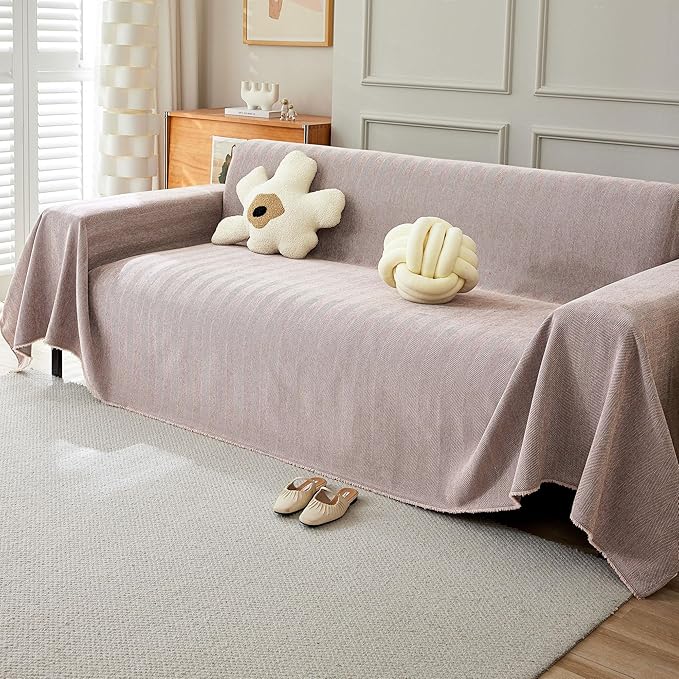 STACYPIK Thick Pink Geometric Sofa Covers for 2 Cushion Couch Reversible Herringbone Dogs Couch Covers Pet Scratch Couch Protector Blanket for Living Room Chenille Cushion Covers with Tassel-91X118IN
