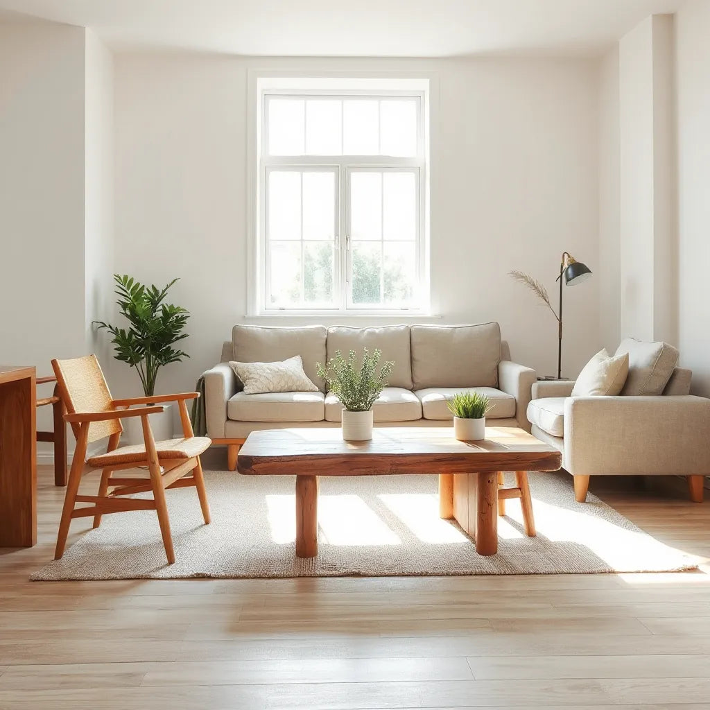 Warm living room with reclaimed wood table, linen sofa, and potted plant in natural light