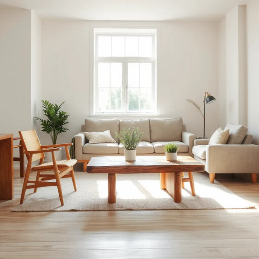 Warm living room with reclaimed wood table, linen sofa, and potted plant in natural light