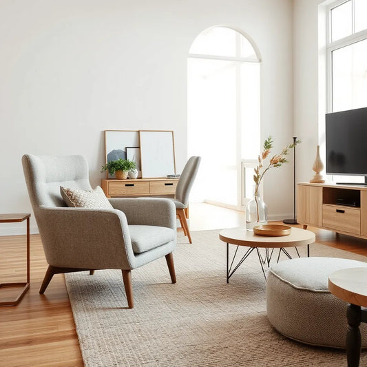 Modern accent chair and minimalist side table in a bright, uncluttered living room