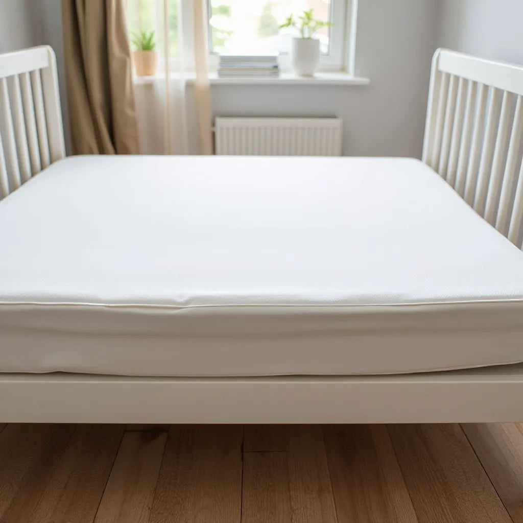 Waterproof crib mattress protector fitted on a clean crib mattress in a bright nursery