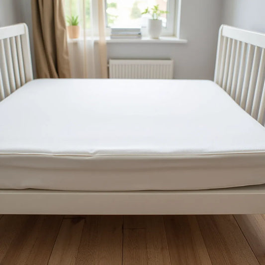 Waterproof crib mattress protector fitted on a clean crib mattress in a bright nursery