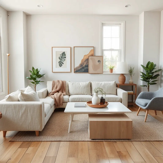 Bright modern living room with warm textures, framed art wall, natural wood accents, and indoor plants