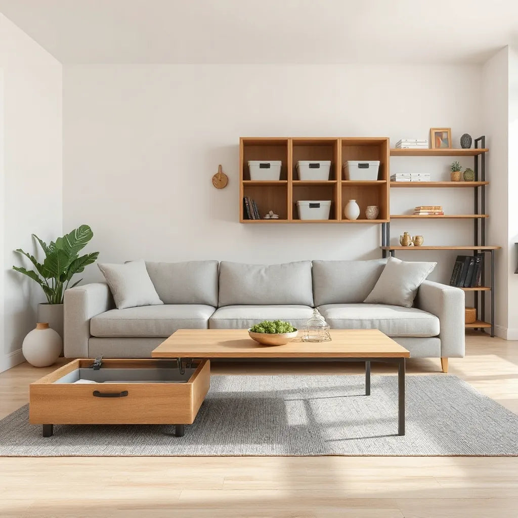 Modern small living room with hidden-storage sofa, lift-top table, wall desk, and organized modular shelving