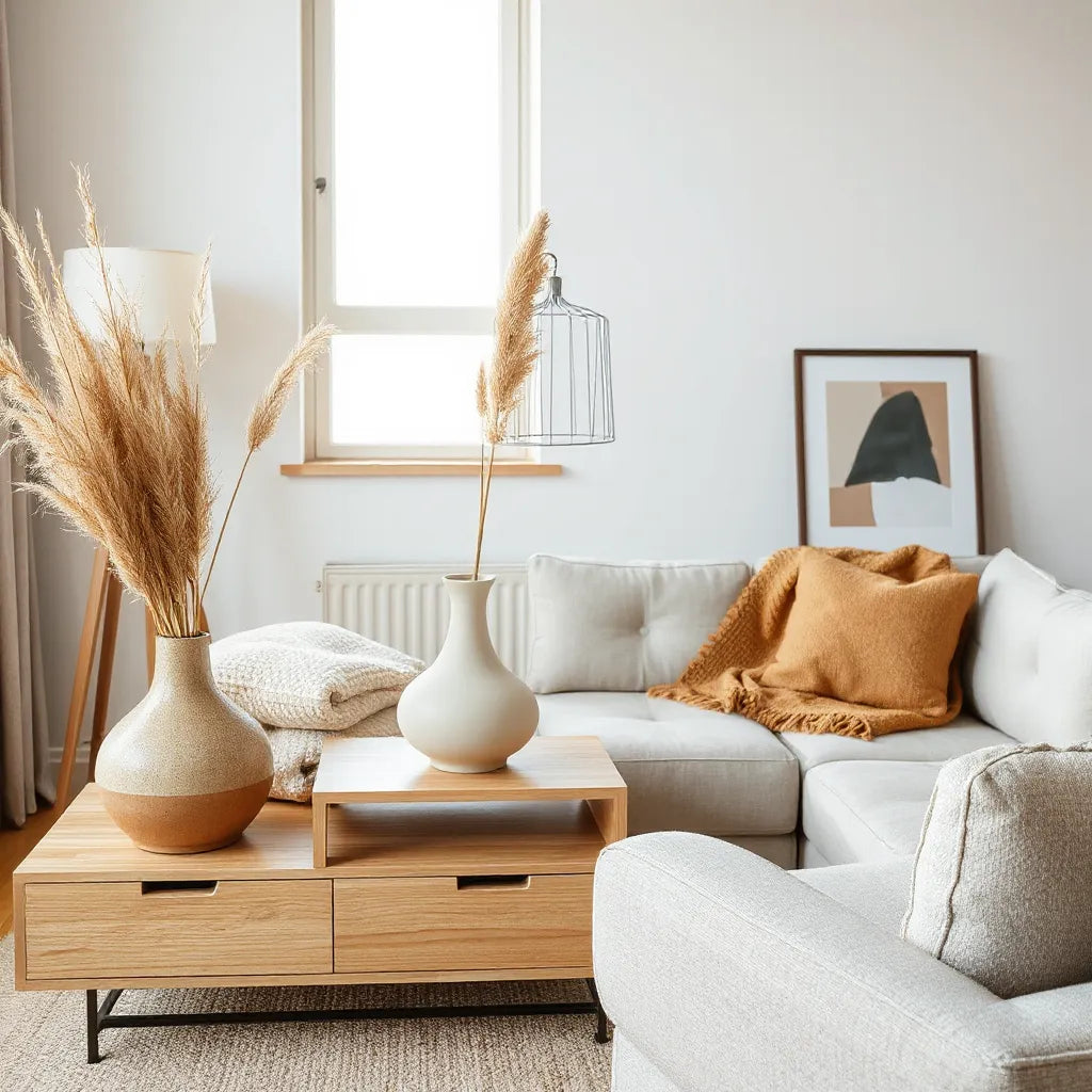 Living room with sculptural vase, warm lamp light, textured throw, and framed wall art