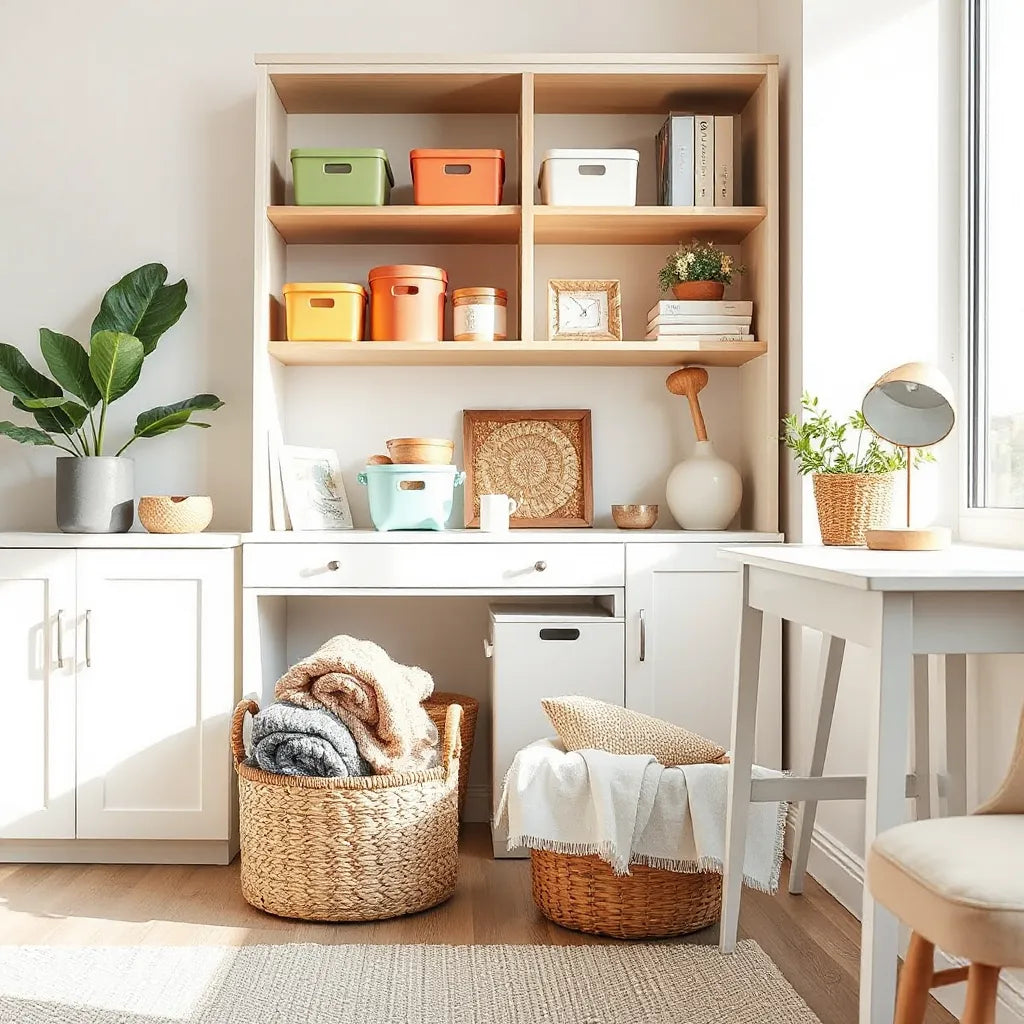 Neatly organized living room with storage bins, baskets, and tidy shelves