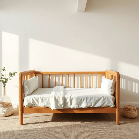 Toddler bed with padded bed bumpers installed along both sides in a bright, tidy nursery