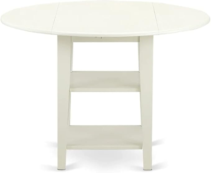 East West Furniture SUDA5-LWH-W 5 Piece Dining Room Furniture Set Includes a Round Kitchen Table with Dropleaf & Shelves and 4 Dining Chairs, 42x42 Inch, Linen White