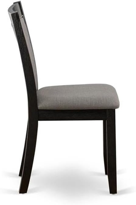 East West Furniture DLMZ3-AB6-50 3 Piece Dining Table Set Contains a Round Dining Room Table with Dropleaf and 2 Dark Gotham Grey Linen Fabric Upholstered Chairs, 42x42 Inch, Wirebrushed Black