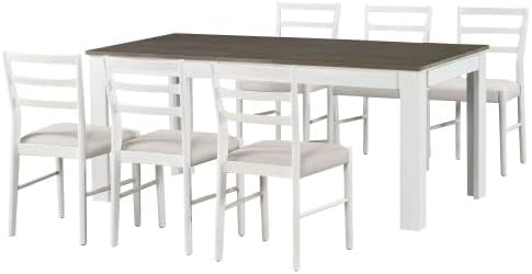 SogesHome 7-Piece Dining Table Set for 6-8 People, Extendable Solid Rubber Wood Kitchen Table with Leaf & 2 Storage Drawers, Chairs with Soft Cushion, Perfect for Kitchen, Dining Room (Brown + White)