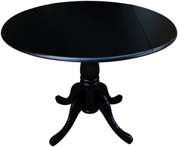 IC International Concepts, 42" Round Dual Drop Leaf Pedestal Dining Table, Solid Wood, Real Parawood, 42" W x 42" D x 29.5" H, Easy Assembly, Black