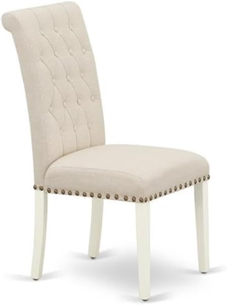 East West Furniture BRP2T02 Bremond Parsons Dining Chairs - Button Tufted Nailhead Trim Light Beige Linen Fabric Upholstered Chairs, Set of 2, Linen White