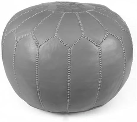 Stuffed Round Design Moroccan Leather Pouf Ottoman, Handmade, Pre-Filled, 100% Genuine Leather, 13” Height x 20” Diameter, Footstool & Living Room Décor (Grey)