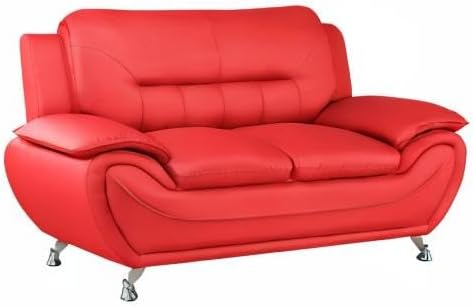 Container Furniture Direct Michael Modern Faux Leather Upholstered Stainless Steel Legs Living Room Sofa, Loveseat, Red