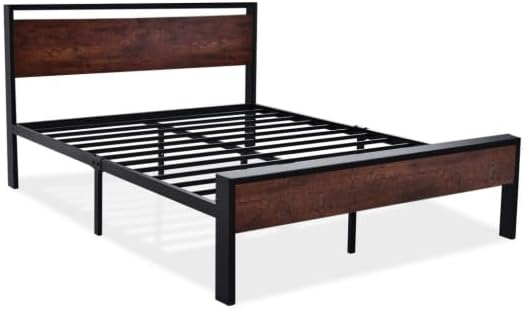 Allewie Queen Size Platform Bed Frame with Wooden Headboard and Footboard, Heavy Duty 12 Metal Slats Support, No Box Spring Needed, Under-Bed Storage, Noise Free, Easy Assembly, Mahogany