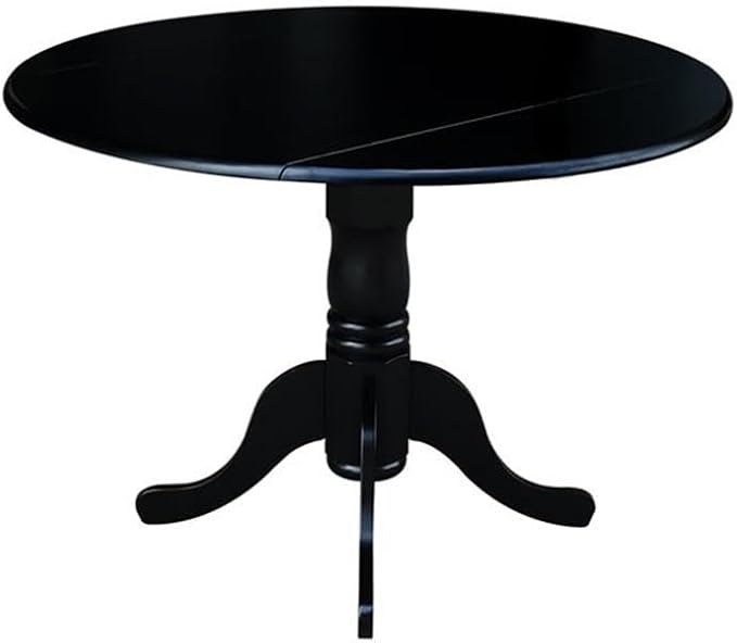IC International Concepts, 42" Round Dual Drop Leaf Pedestal Dining Table, Solid Wood, Real Parawood, 42" W x 42" D x 29.5" H, Easy Assembly, Black