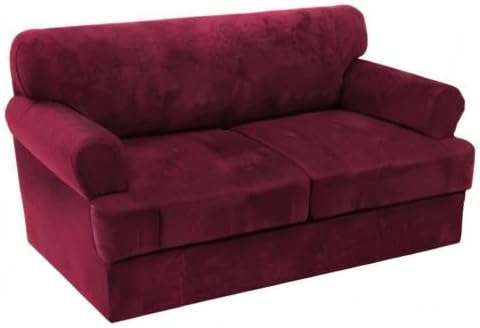 H.VERSAILTEX Sofa Cover 3 Piece T Cushion Loveseat Slipcovers Thick Velvet Couch Cover Furniture Protector Stretch T Cushion Sofa Covers for 2 Cushion Couch with 2 T Cushion Covers Washable, Burgundy