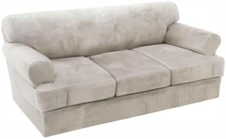 H.VERSAILTEX Sofa Cover 4 Piece T Cushion Sofa Slipcovers Thick Velvet Couch Cover Stretch T Cushion Sofa Covers for 3 Cushion Couch with 3 Individual T Cushion Covers Washable, Oatmeal