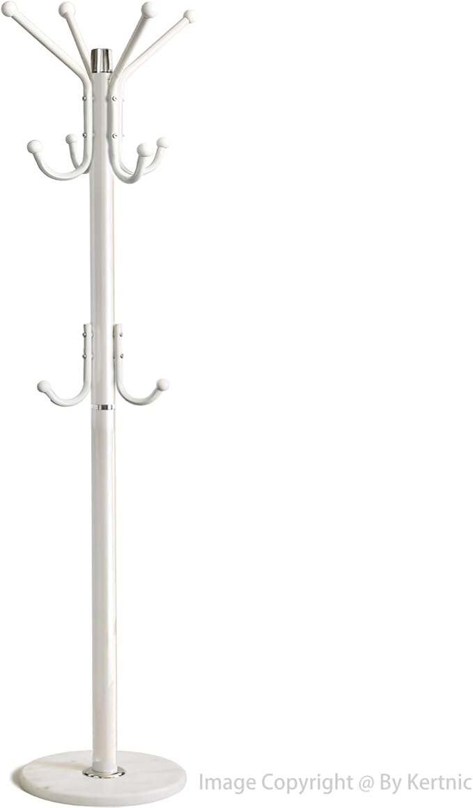 Kertnic Modern Coat Rack Freestanding with Natural Marble Base & Sturdy Metal Frame, 11 Hooks Hall Tree for Jackets, Hats, Bags, Entryway Organizer for Bedroom, Living Room, Closet (White)