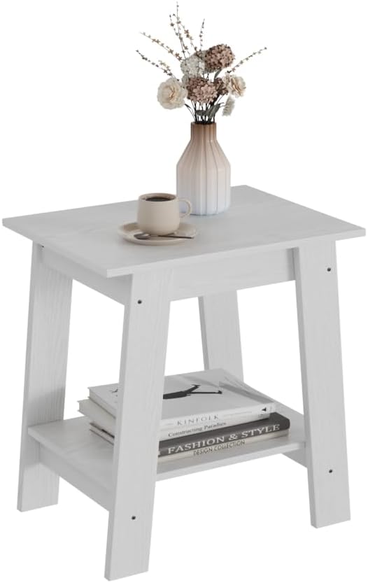 Garvee End Table, Side Table with 2-Tier Storage Shelf, Sofa Table for Small Space, Square Nightstand for Entryway, Farmhouse, Living Room, Easy Assembly, White