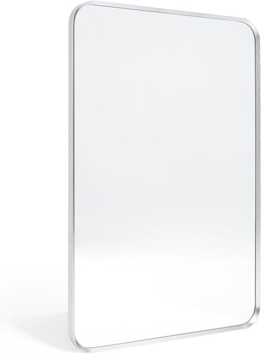 Wall Mount Mirror for Bathroom, Brushed Silver Metal Framed Rounded Corner Rectangular Vanity Mirror (20" x 30", Silver)