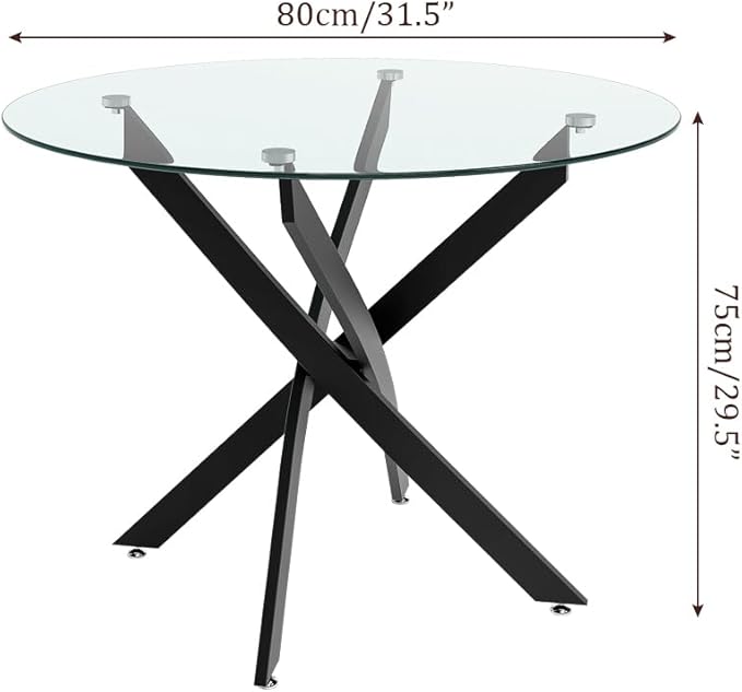 Glass Dining Table Modern Kitchen Table with Black Metal Legs 32 Inch Small Round Dining Table for Apartment Kitchen Dining Room