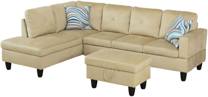 Beige L-Shaped 3-Piece Microfiber Sofa with Storage Ottoman Set, Sectional Couch Sofa Set for Living Room, Office, Small Space