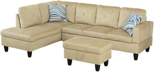 Beige L-Shaped 3-Piece Microfiber Sofa with Storage Ottoman Set, Sectional Couch Sofa Set for Living Room, Office, Small Space