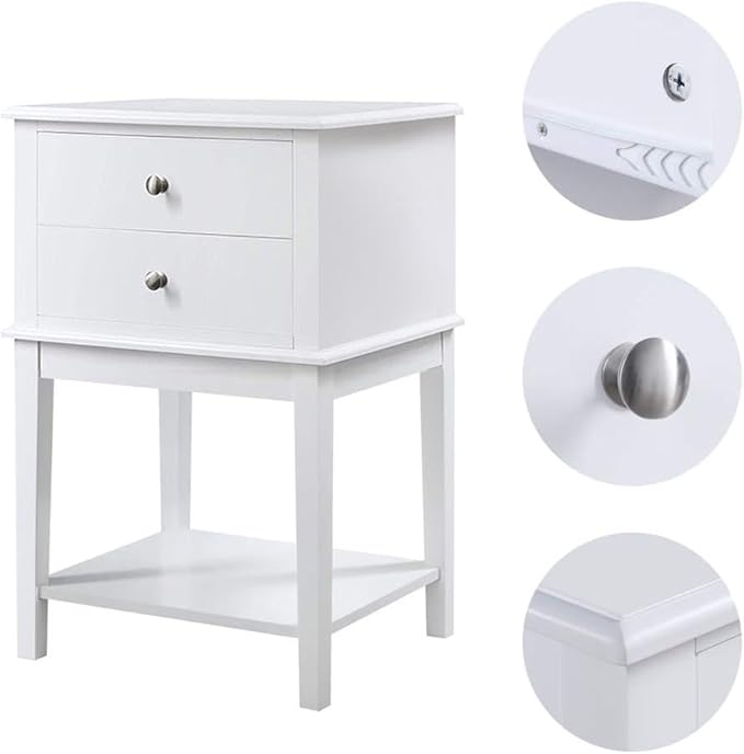 conifferism White Nightstand 2 Drawers and Storage Shelf, 28" High Bedroom Night Stand, Contemporary Modern Bed Side Table, Living Room Country Cottage 19" Wide End Table Metal Sliders
