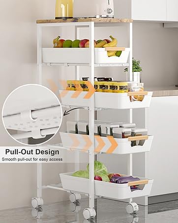 Aupekro 5-Tier Rolling Storage Cart with Wooden Top, Narrow Metal Kitchen Storage Cart, Versatile Mobile Shelving Unit Trolley, Pantry Utility Cart with Pull-Out Drawer (Black)