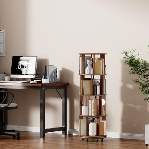 KEIKI Solid Wood 4 Tier Rotating Bookcase, Round Revolving Bookshelf with Lockable Wheels, Space Saving Wide Book Rack for Corner, Office, Bedroom, Walnu