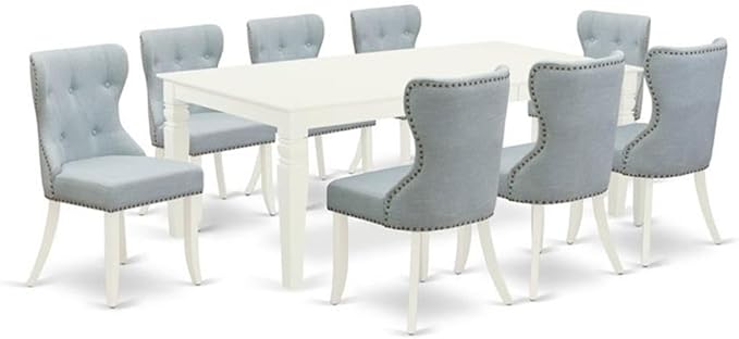 East West Furniture LGSI9-LWH-15 9 Piece Kitchen Table Set Includes a Rectangle Dining Table with Butterfly Leaf and 8 Baby Blue Linen Fabric Parsons Dining Chairs, 42x84 Inch, Linen White